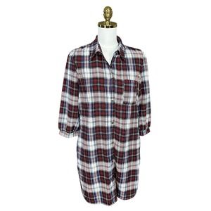 Plaid Button Up Tunic Shirt Dress Red Navy White Size M Americana Preppy Grunge
